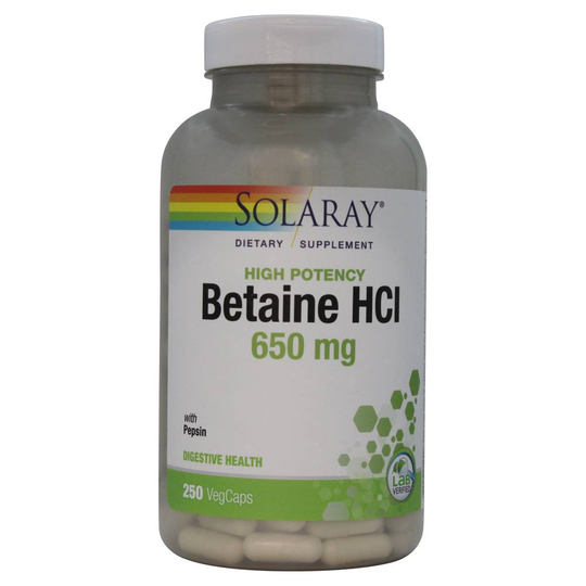 Solaray - Betaine HCl with Pepsin High Potency 650 mg. - 250 Veg Capsules