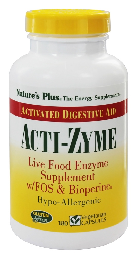 Natures Plus - Acti-Zyme with Live Food Enzymes FOS & Bioperine - 180 Capsules